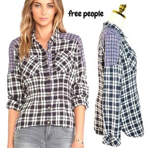Free People Plaid Button Up Shirt Long Sleeve Mixed Print Top Size L